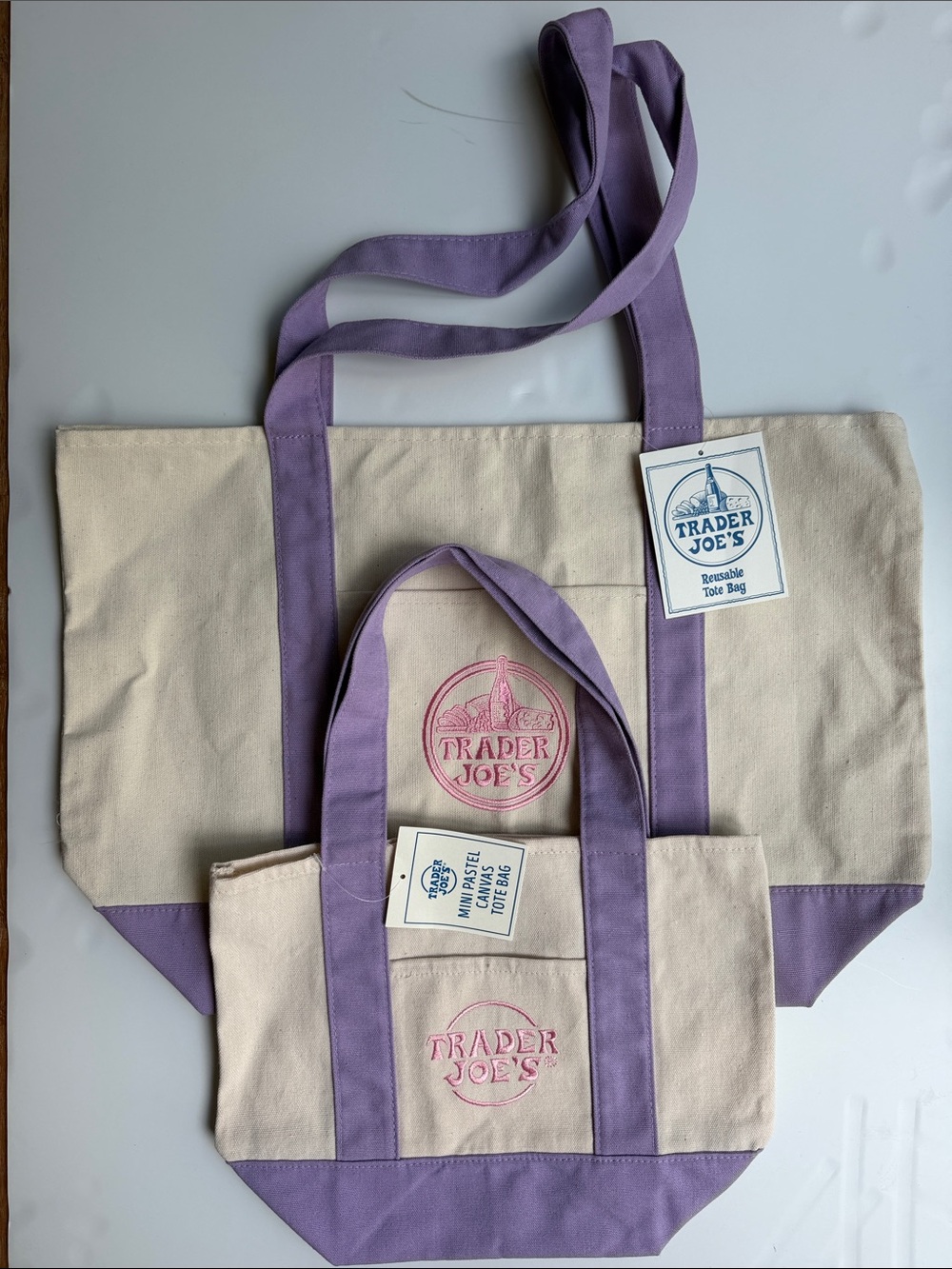 Trader Joe’s Canvas Large and Mini Tote Bag Set- Cream with Lavender Handles - Picture 4 of 7